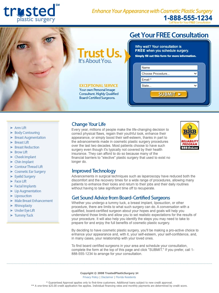 Trusted Plastic Surgery Landing Page Example